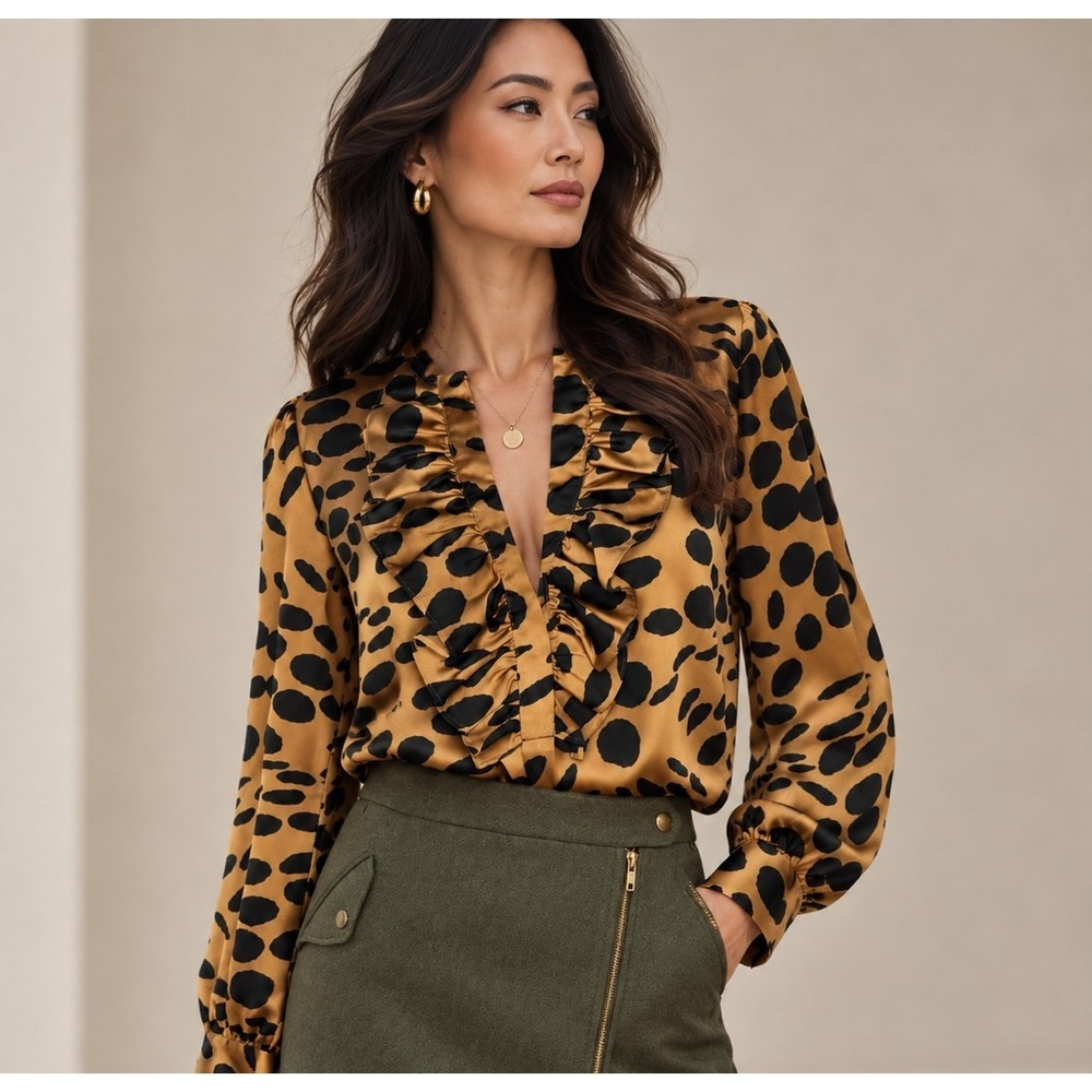 J. Crew XS Leopard Ocelot Print Ruffle Front Blouse Brown Black Long Sleeve.